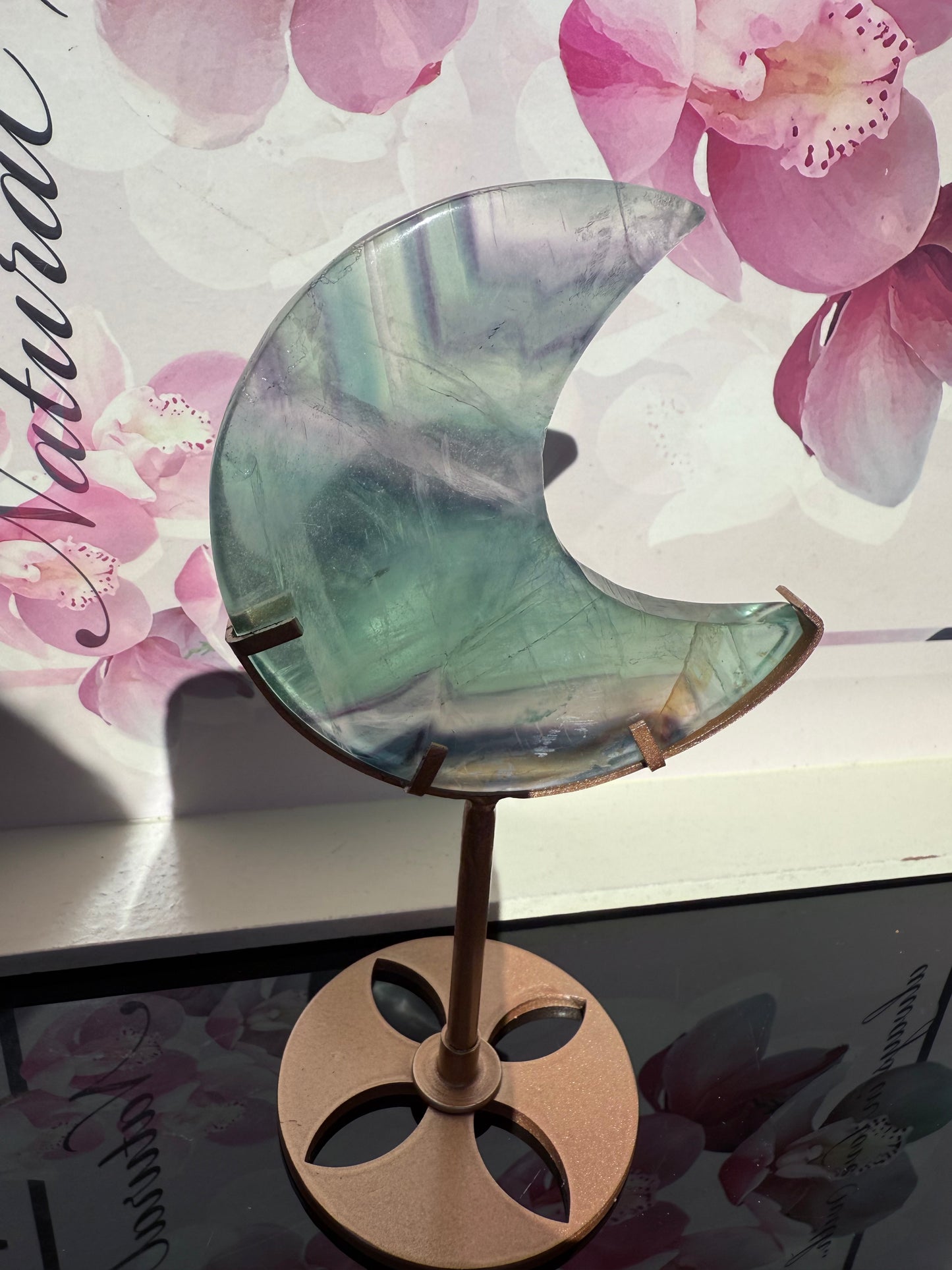 Fluorite Moon on Gold Stand