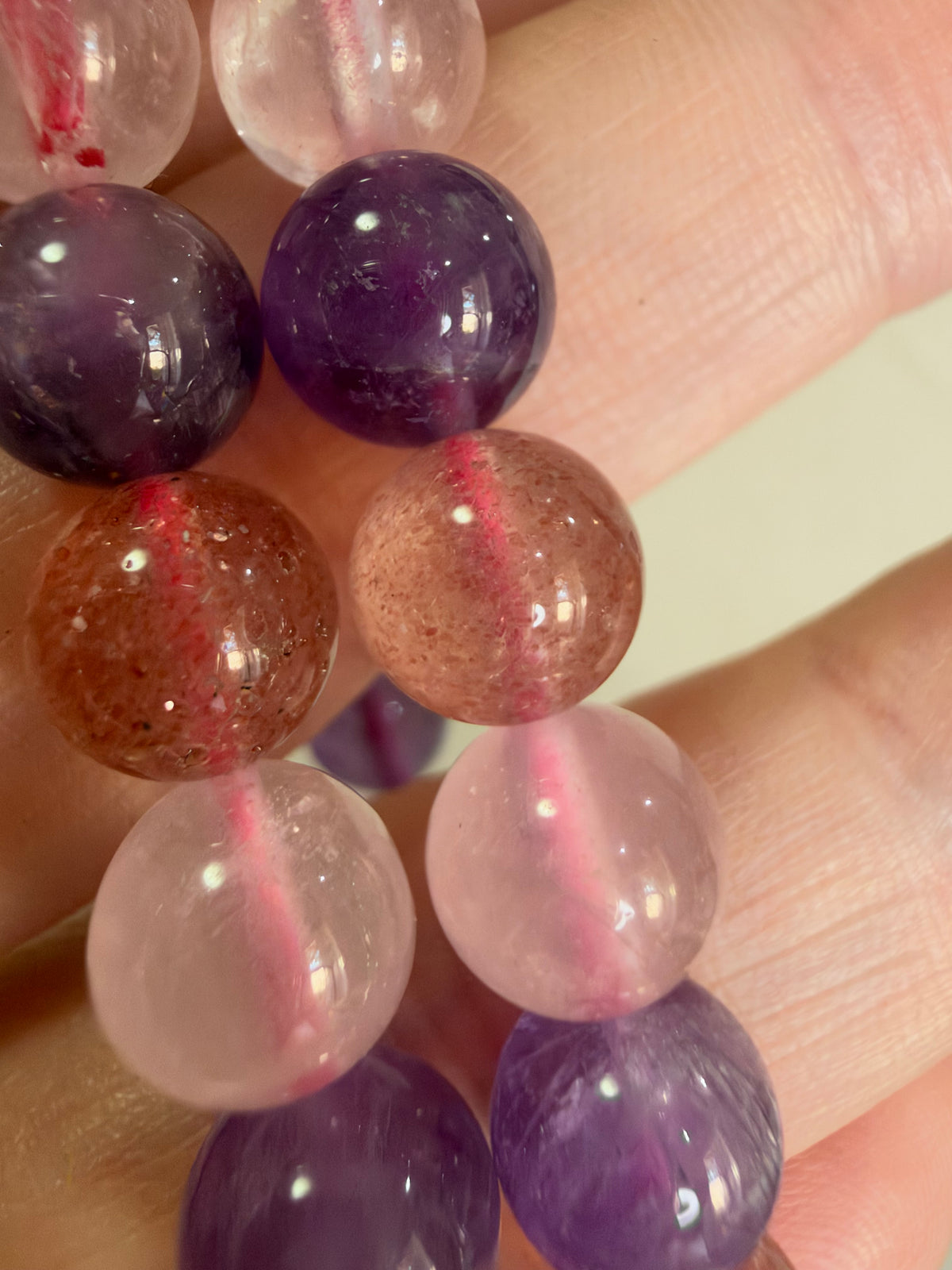 8mm Amethyst, Rose Quartz & Strawberry Quartz Bracelet