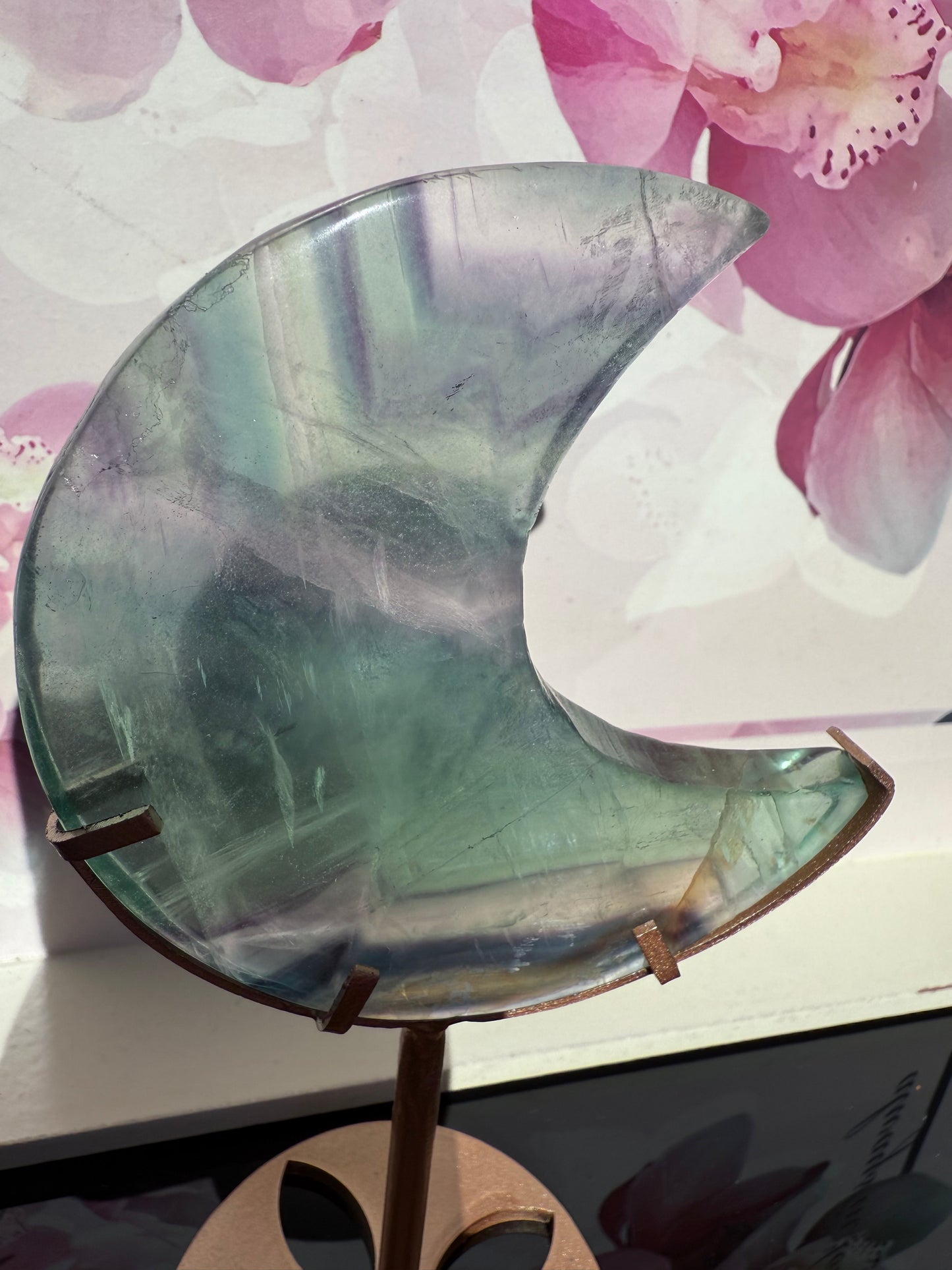 Fluorite Moon on Gold Stand
