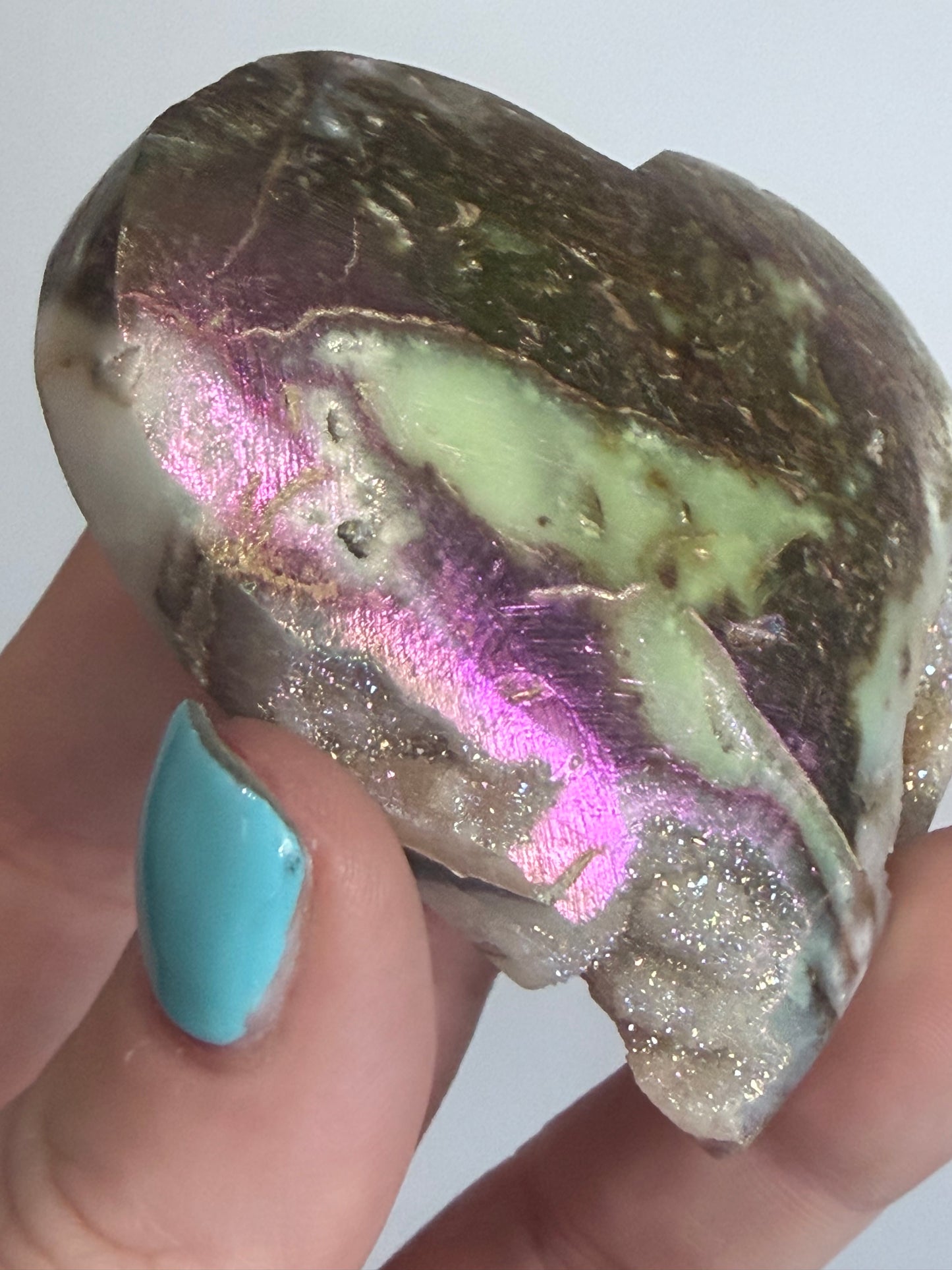 Aura-Coated Sphalerite Druzy Heart with Natural Cave 130g | 7.1 × 6.5 cm C
