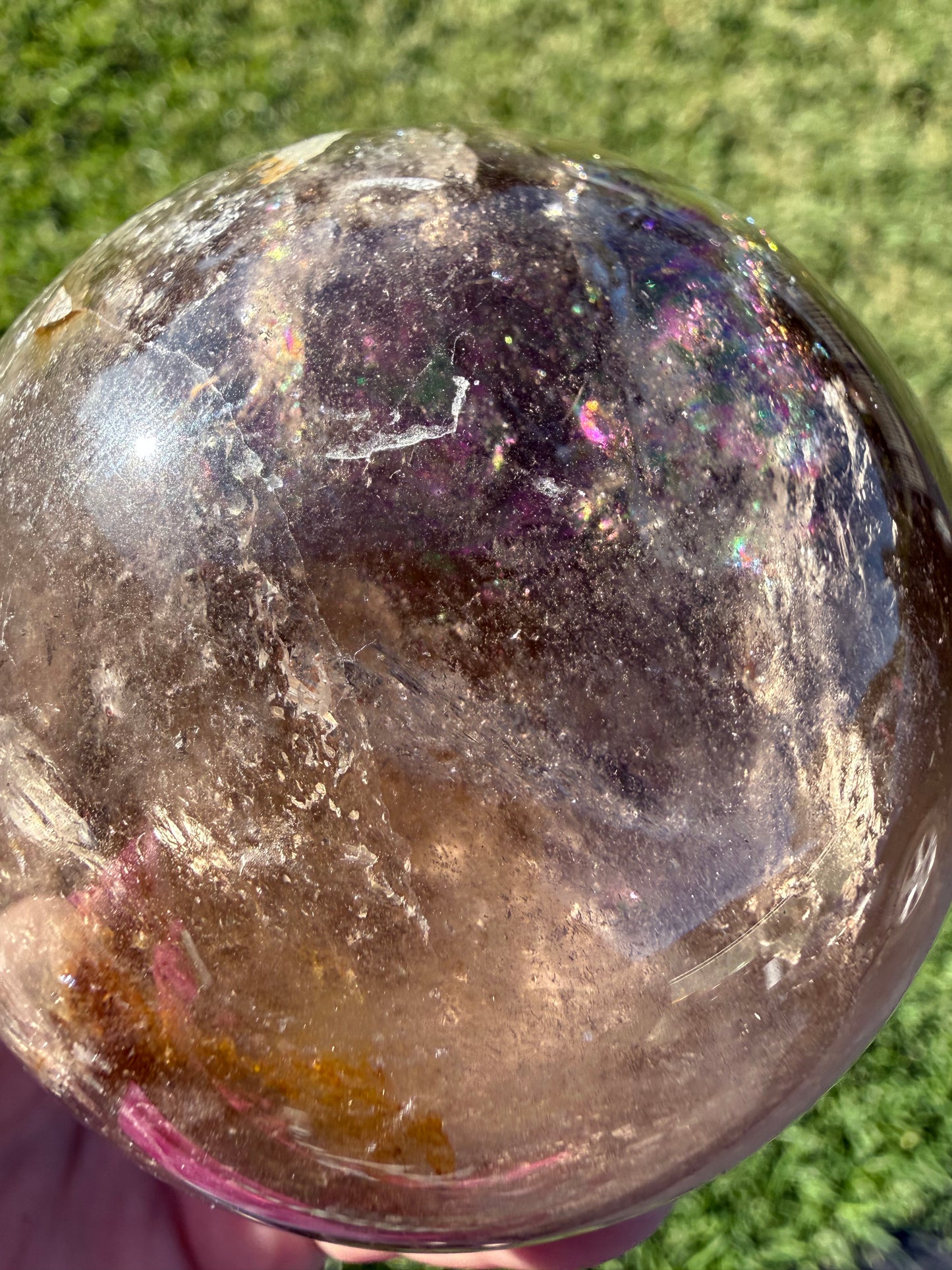 Smoky Quartz Rainbow Sphere with Golden Inclusions