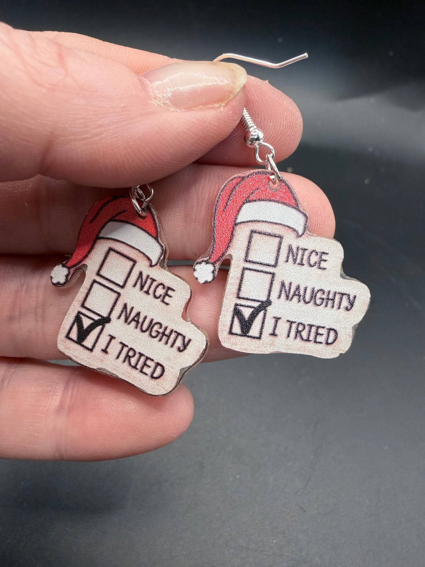 “I Tried” Christmas Earrings – Santa Hat Design