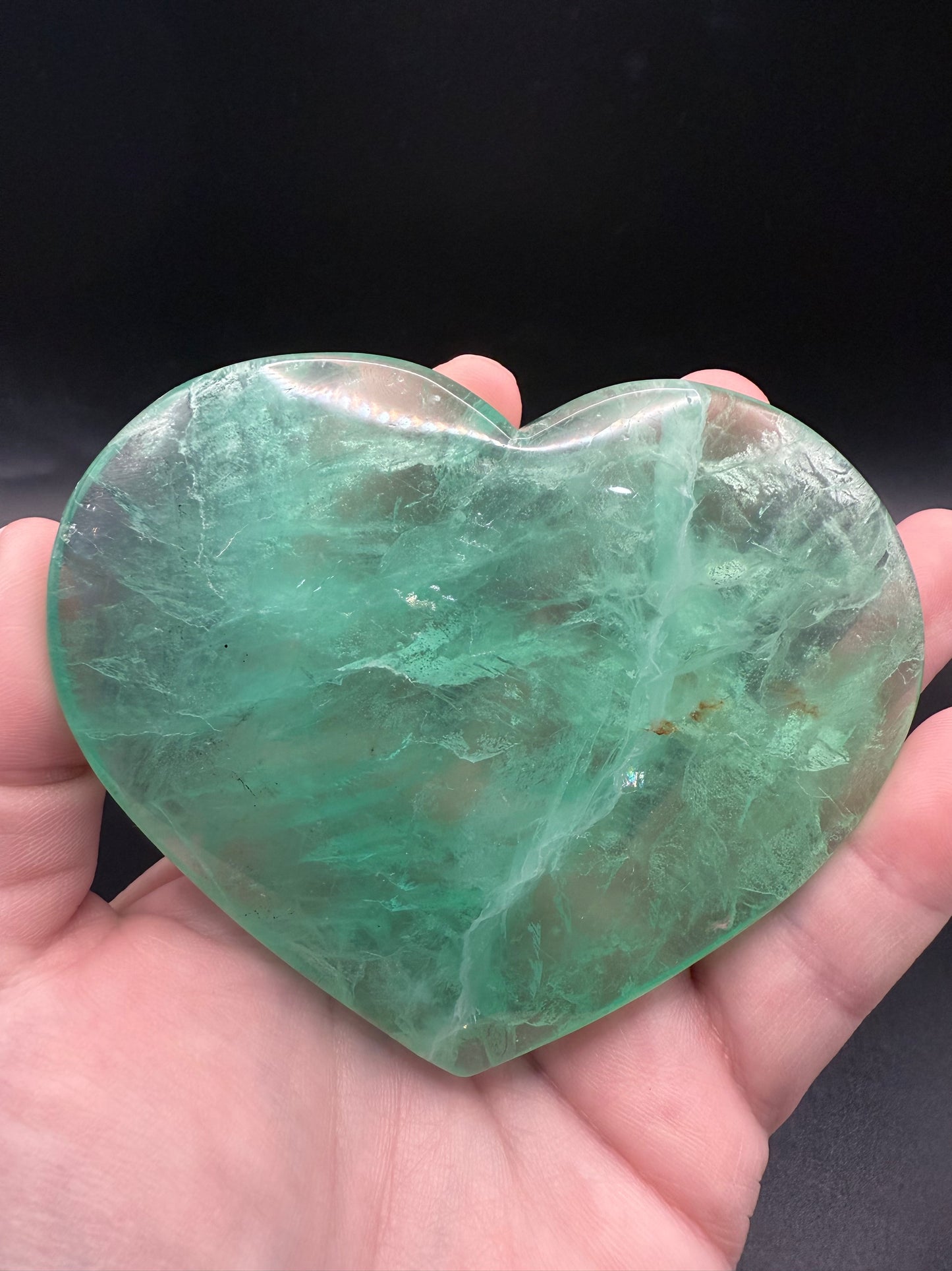 π Green Fluorite Polished Heart with Stand β 357g 10.2 x 8.8 cm