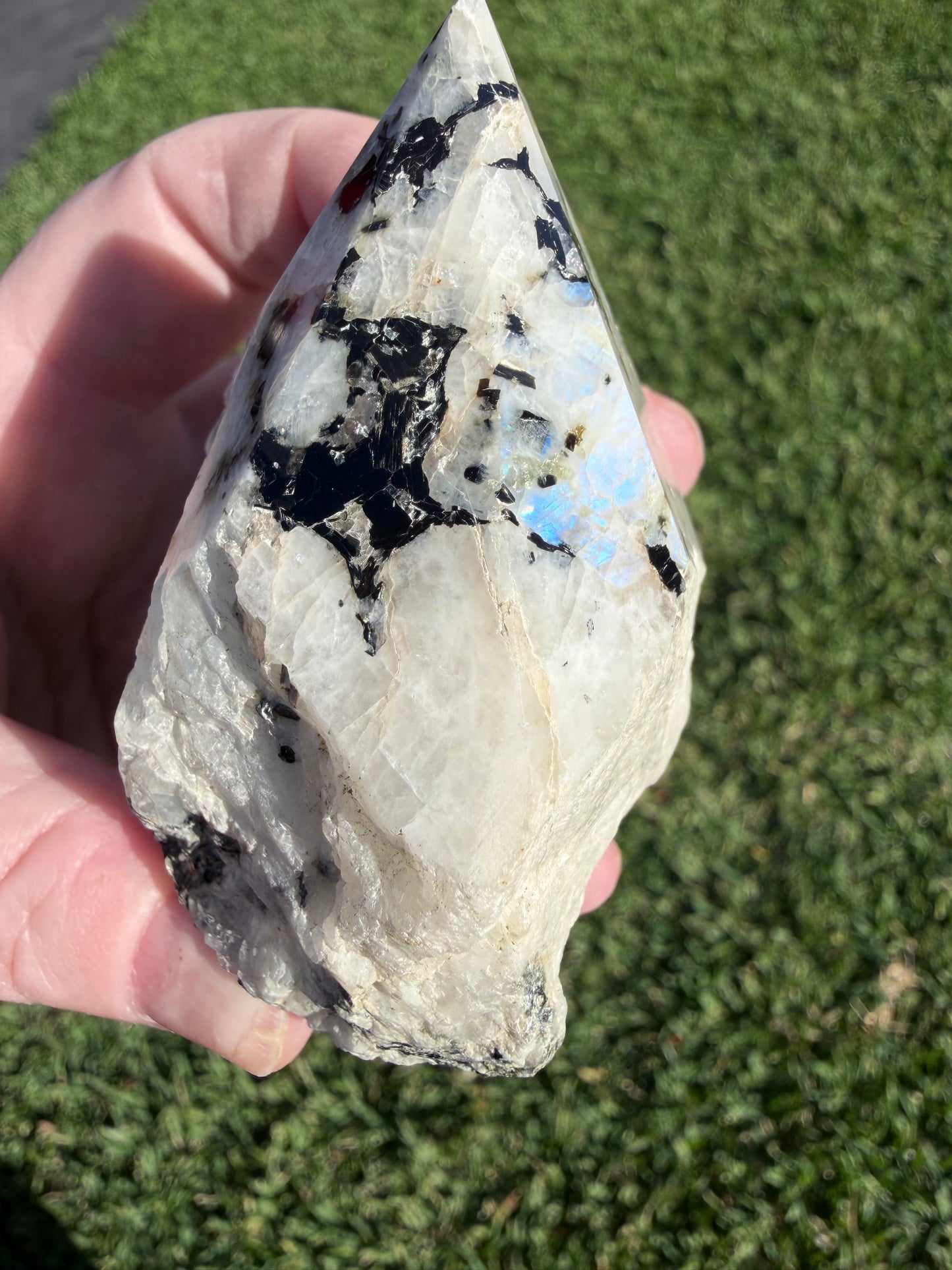 Rainbow Moonstone with Black Tourmaline & Pyrite Polished Point – 228g