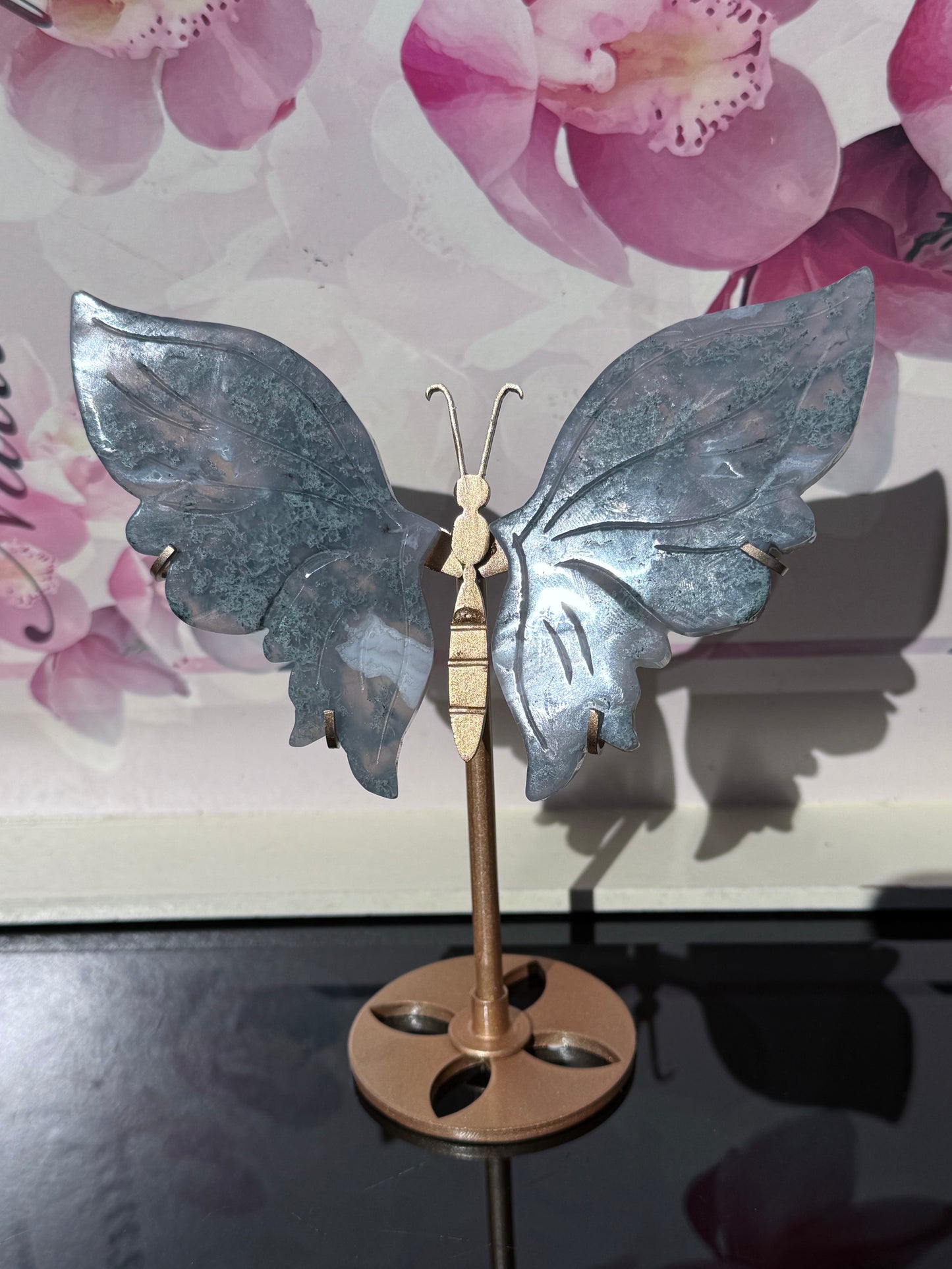 Moss Agate Butterfly On Gold Stand