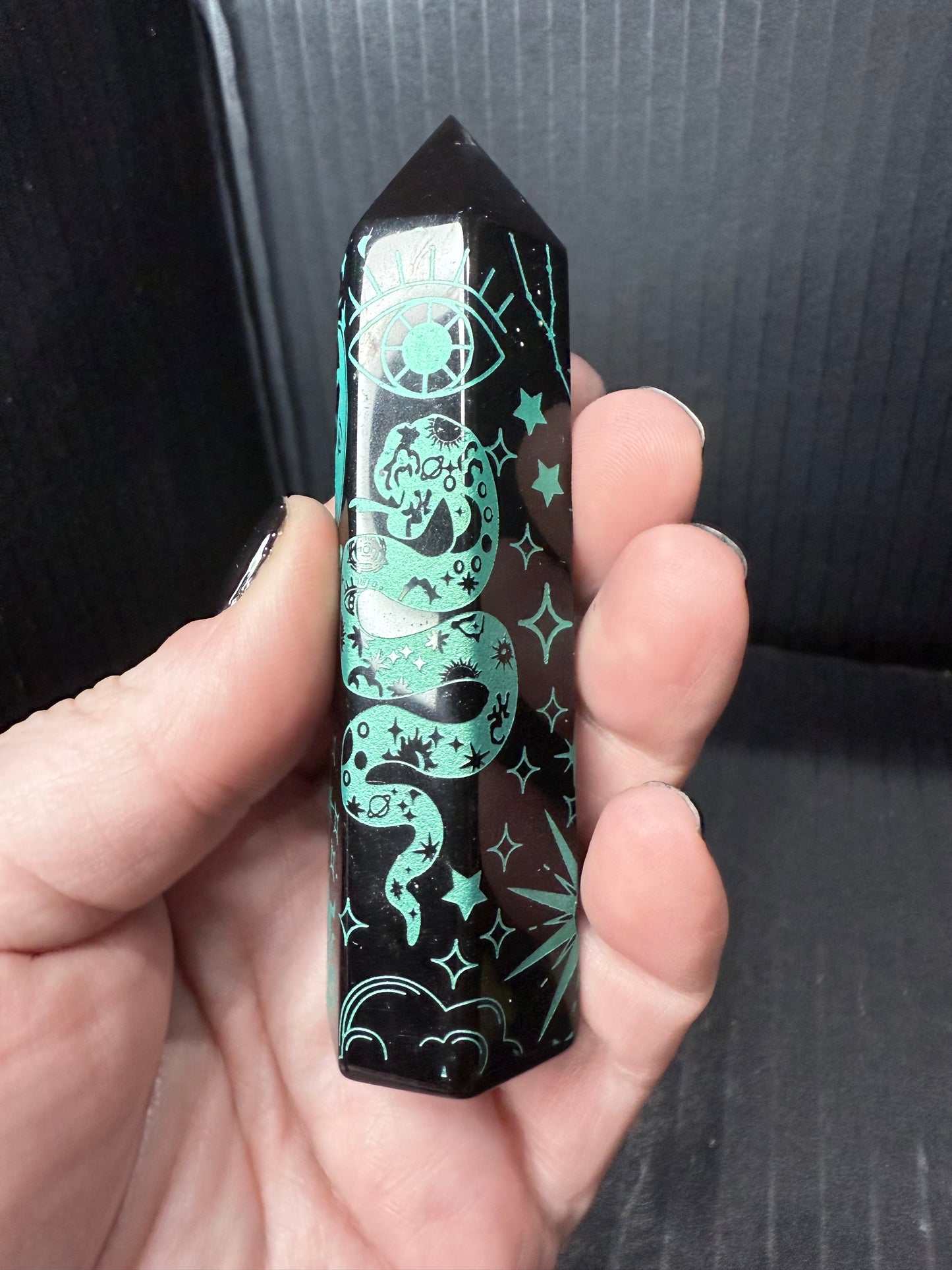 Black Obsidian Point with Green Pattern 10cm