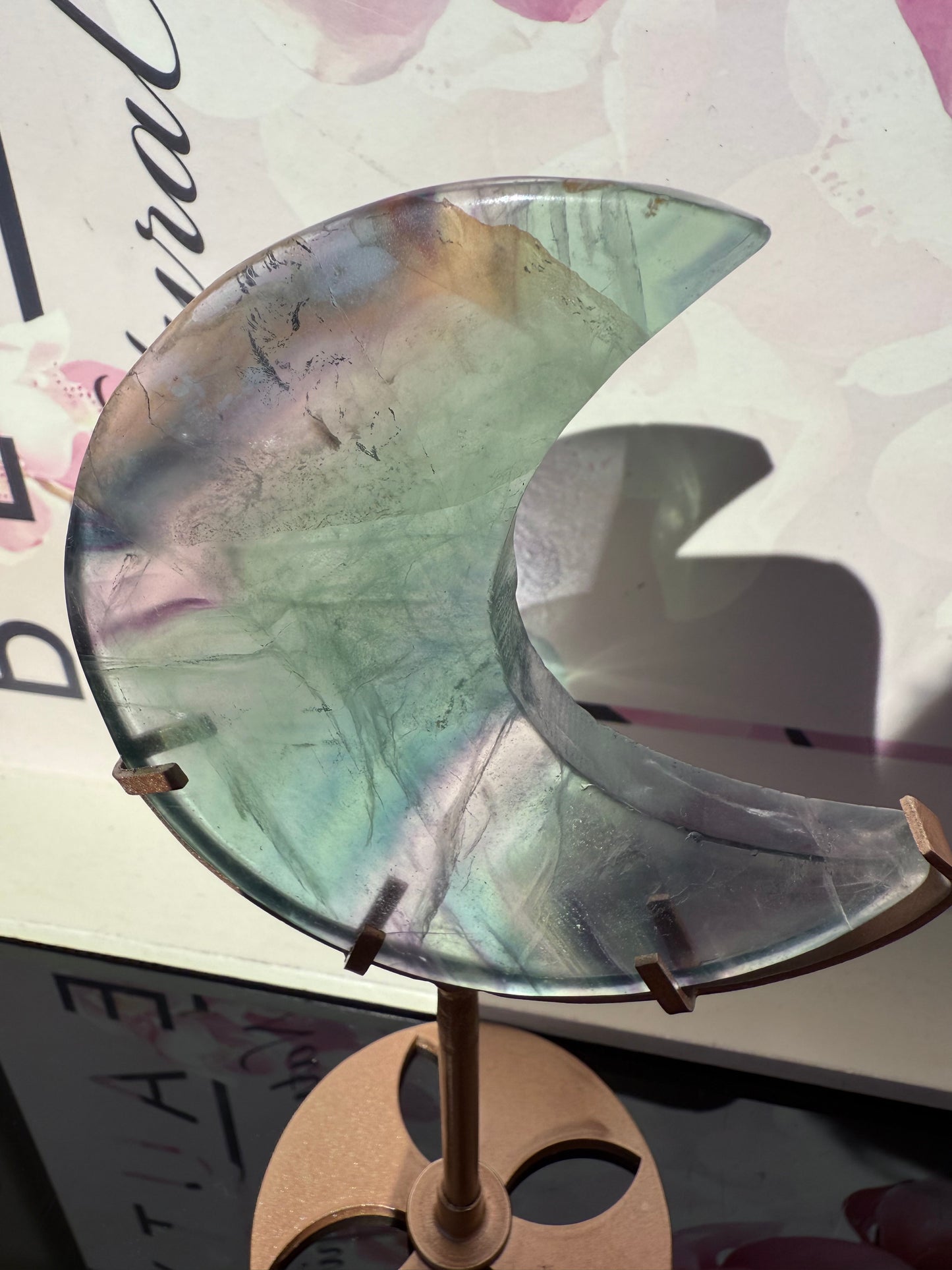 Fluorite Moon on Gold Stand