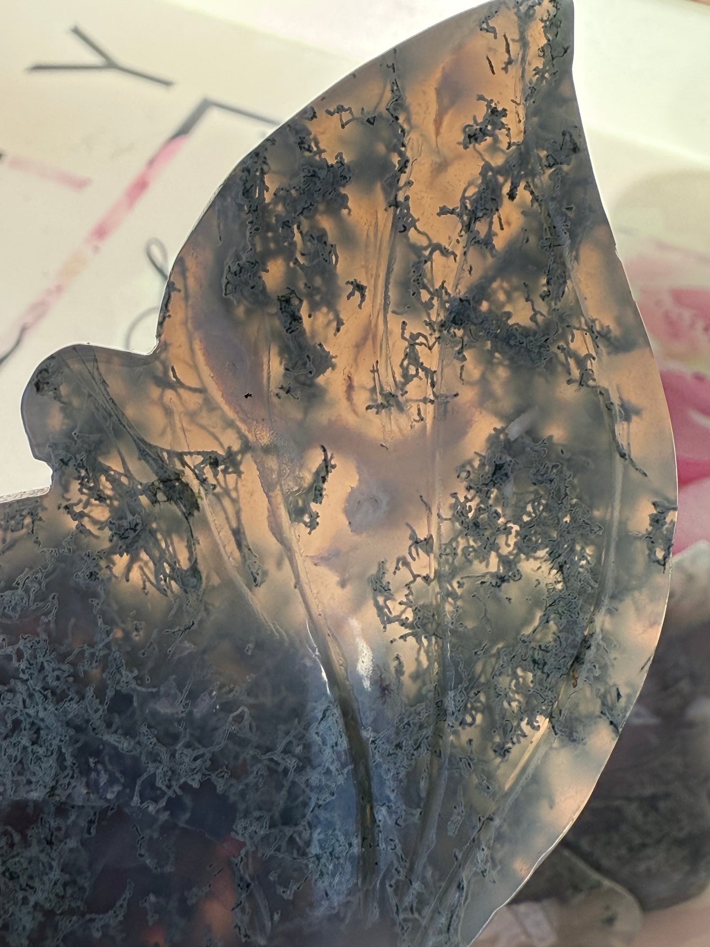 Moss Agate Butterfly On Gold Stand