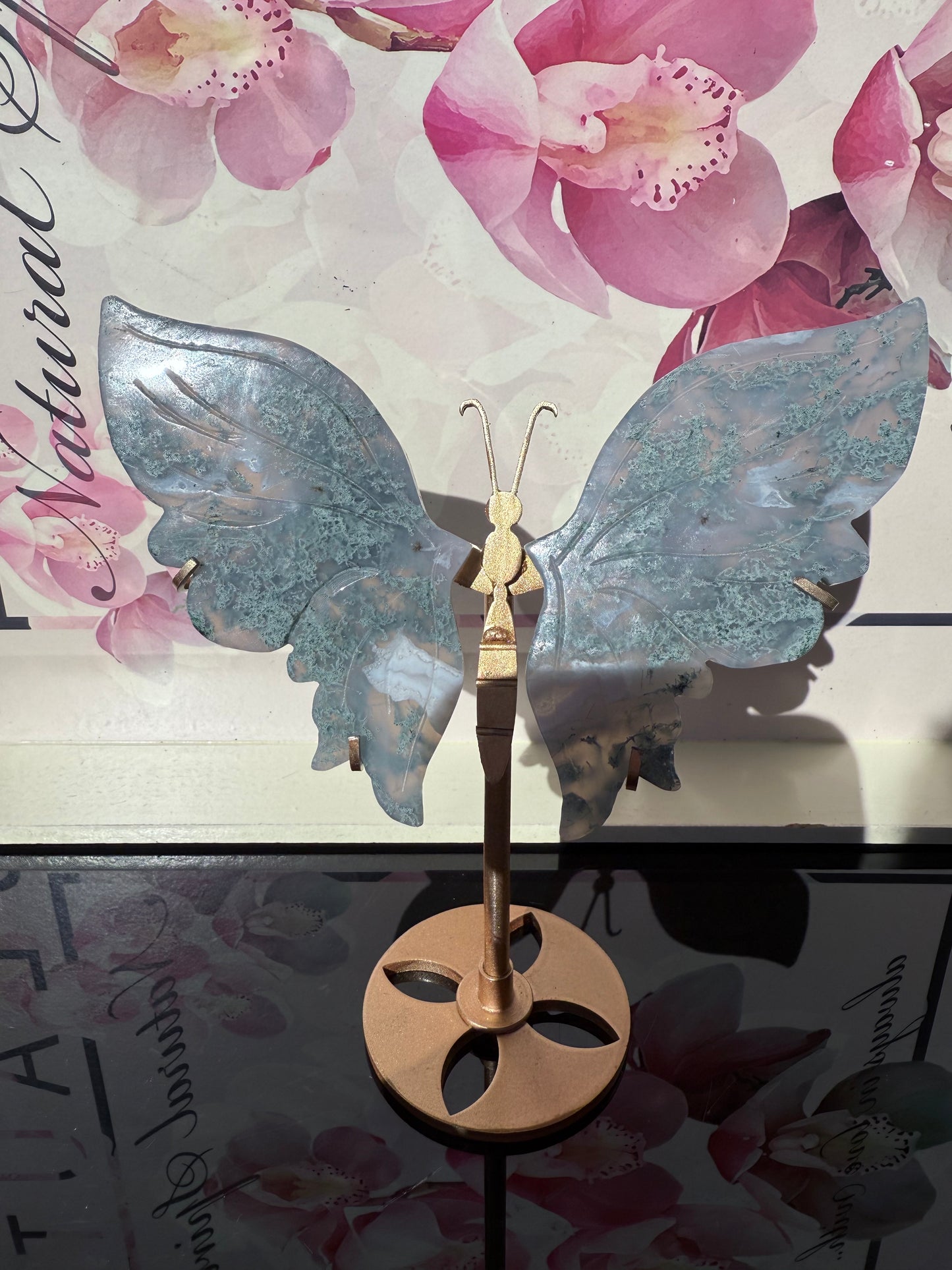 Moss Agate Butterfly On Gold Stand