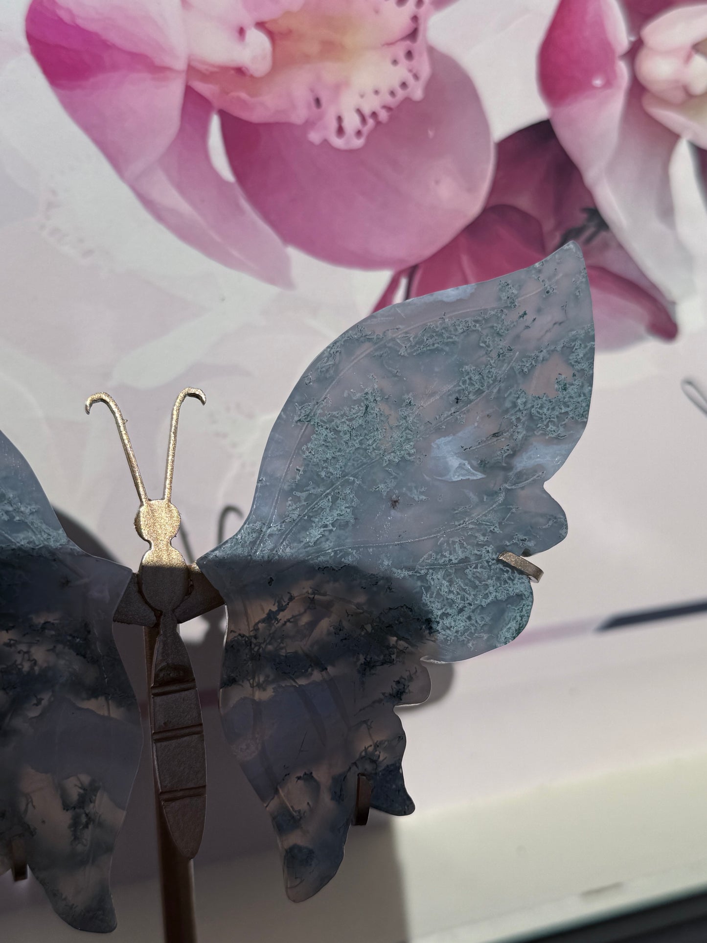 Moss Agate Butterfly On Gold Stand