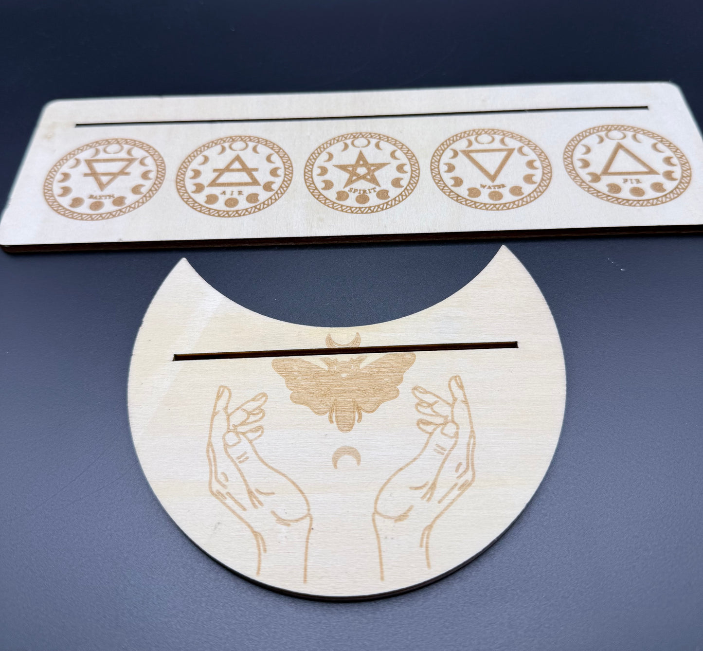 Engraved Wooden Tarot Card & Crystal Grid Stands