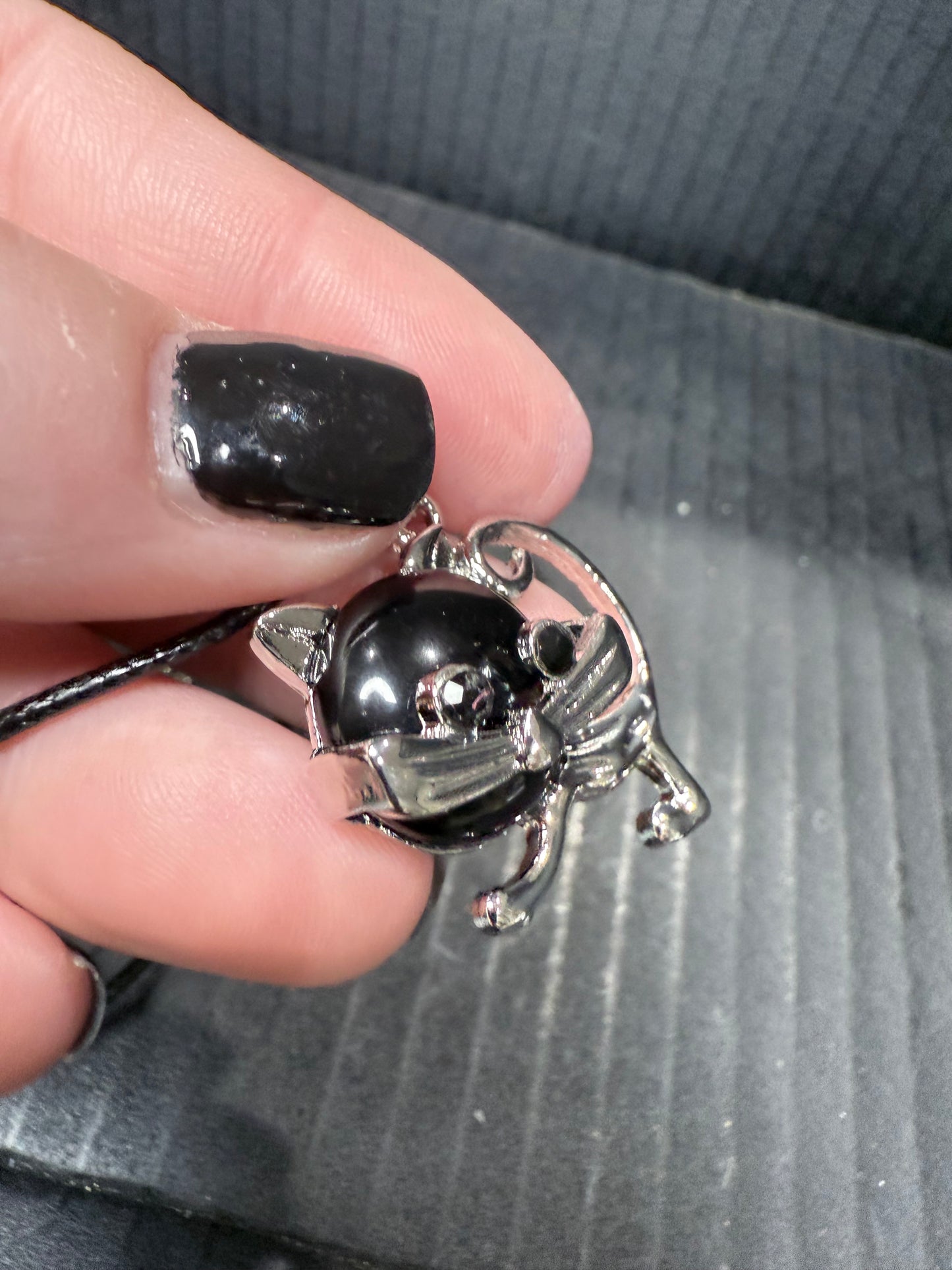 Cat pendant on Black Rope Necklace Chain