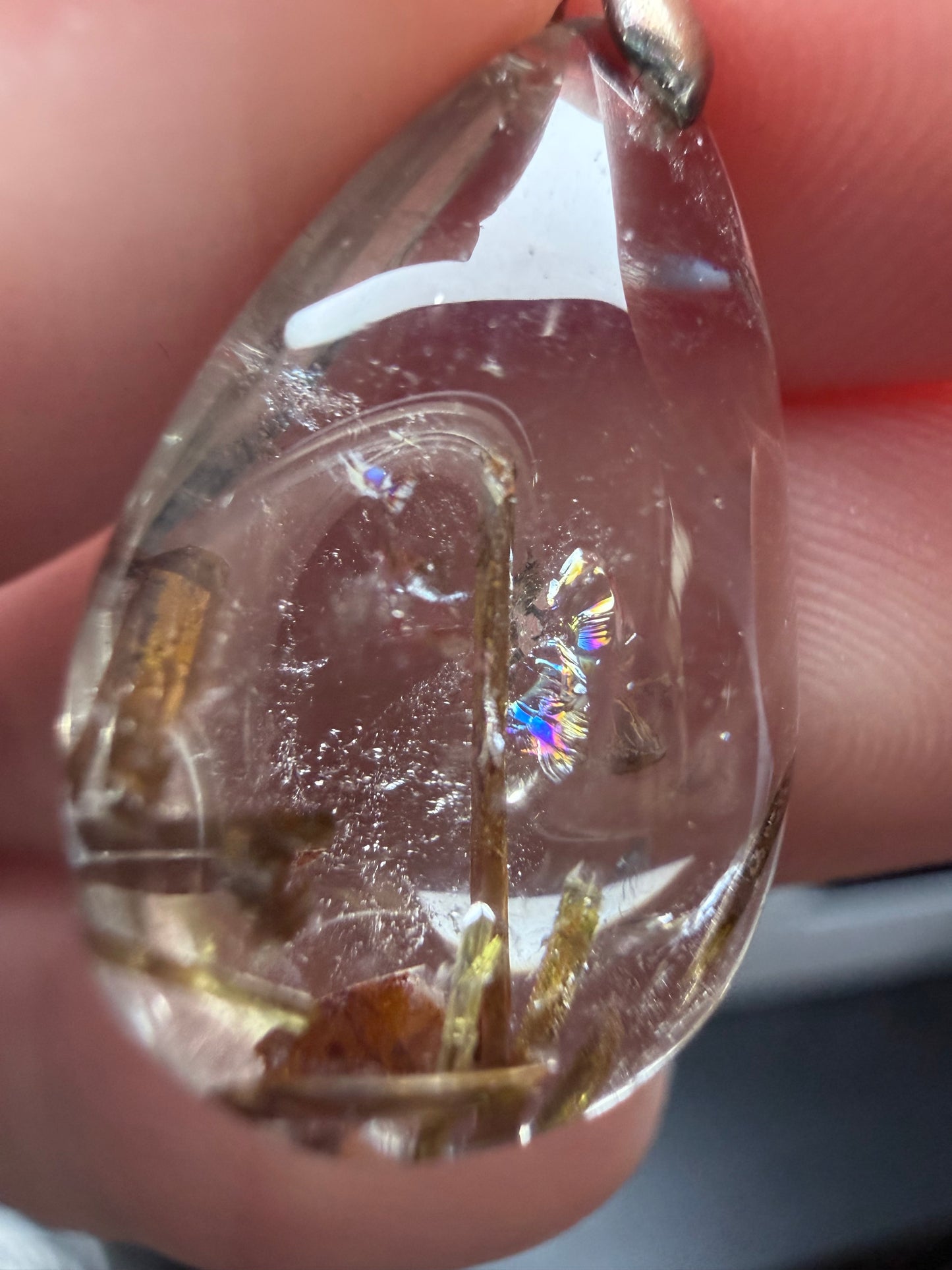 Green Tourmaline in Quartz Pendant with 925 Bail & Cord (2.2cm)