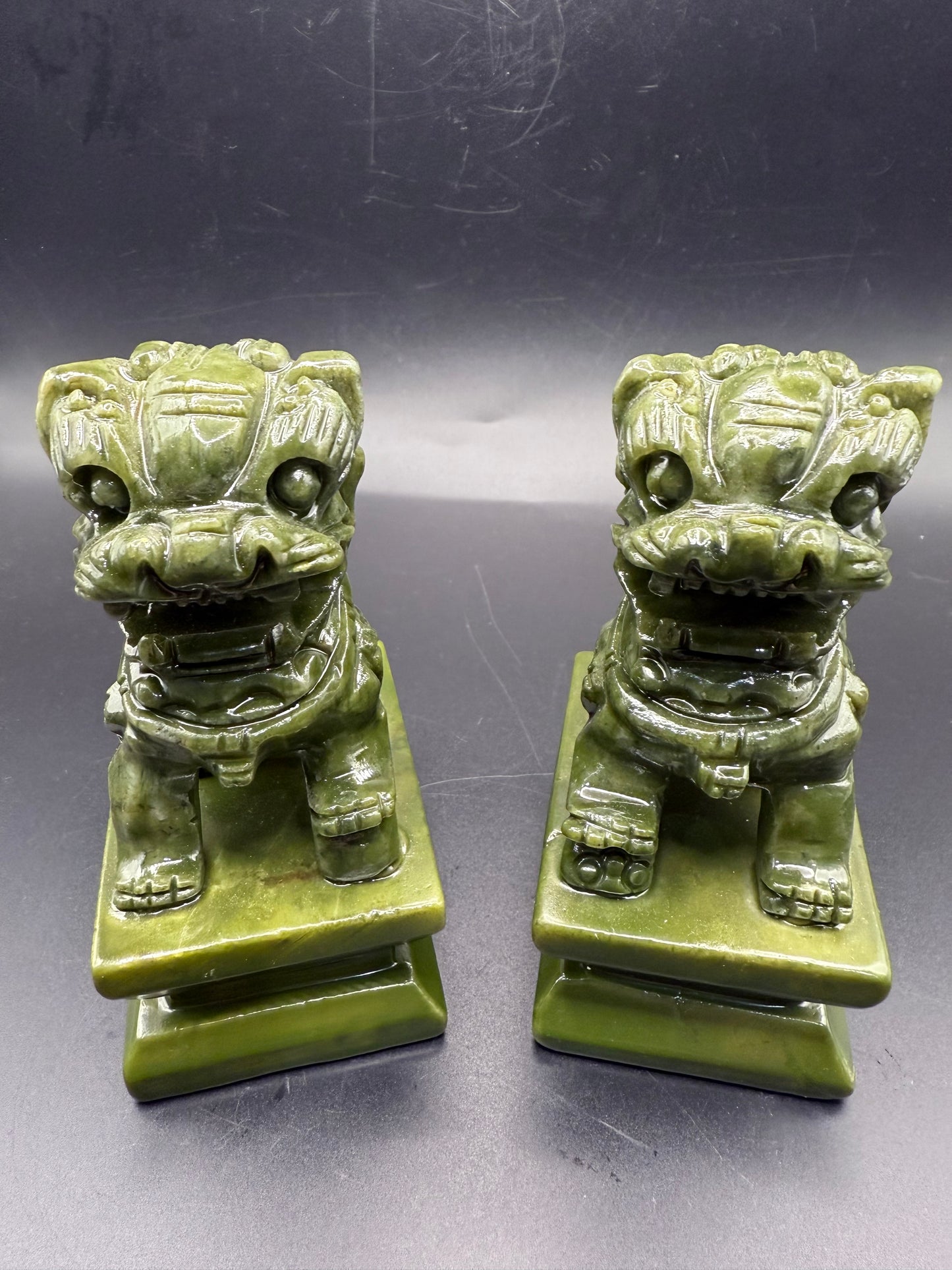 Serpentine (Green Jade) Foo Dogs โ Pair