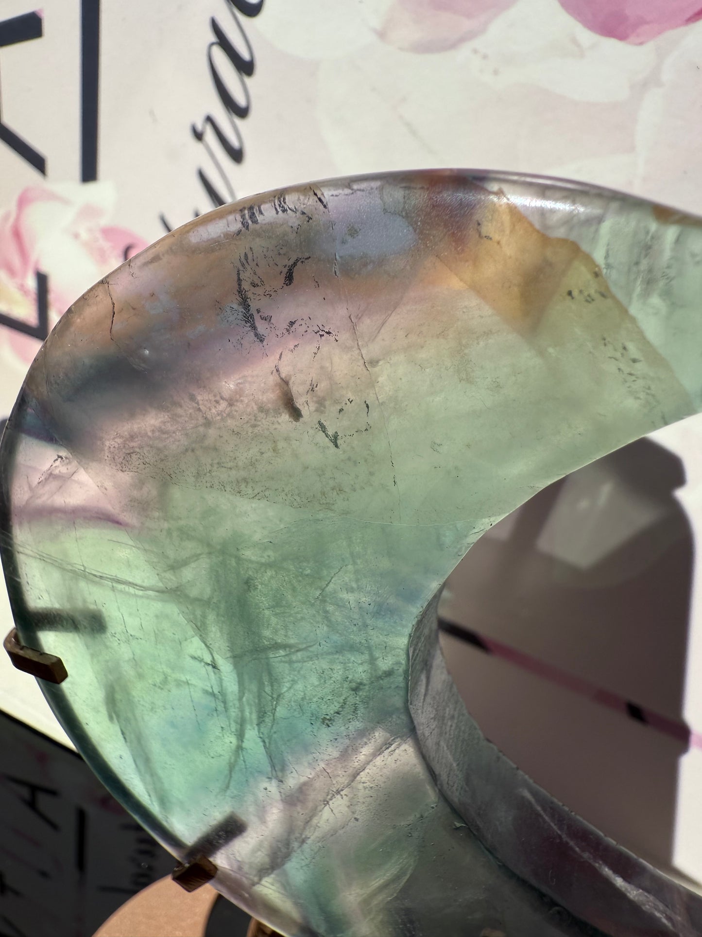 Fluorite Moon on Gold Stand