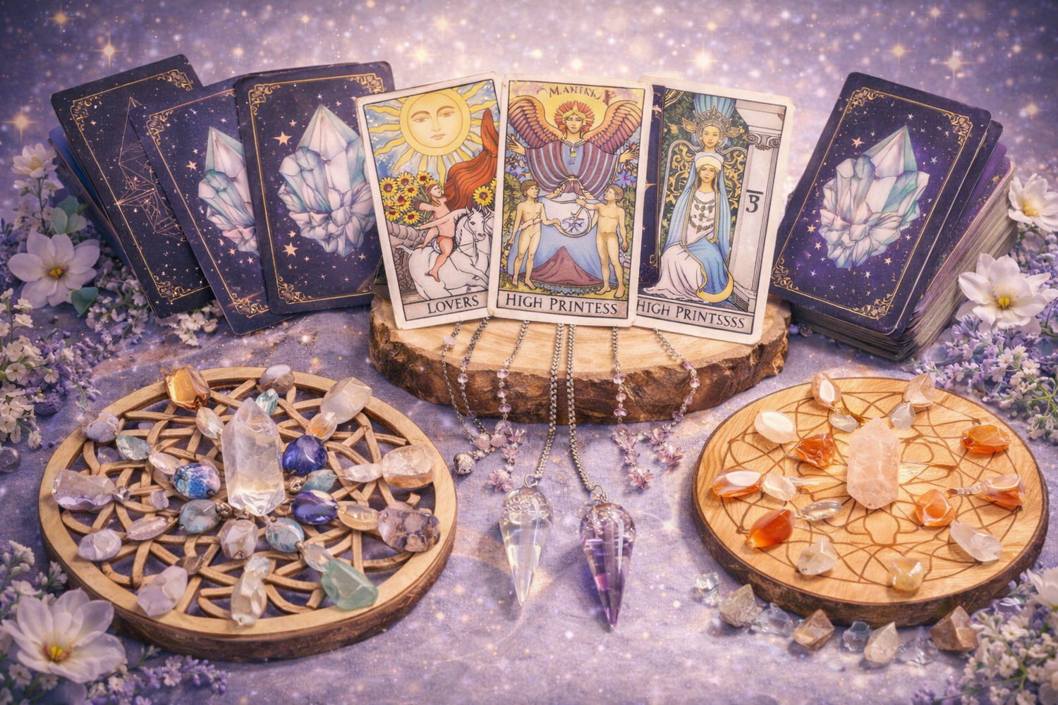 Tarot cards, pendulums, Crystal Grids