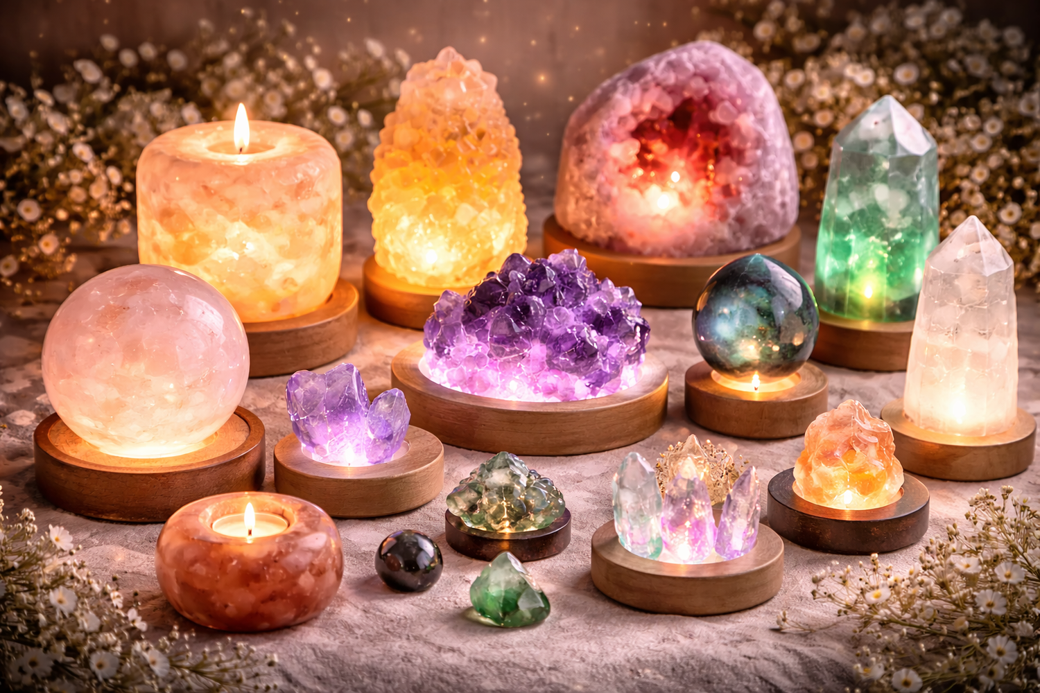 Lamps, candle holders and crystals on Light bases