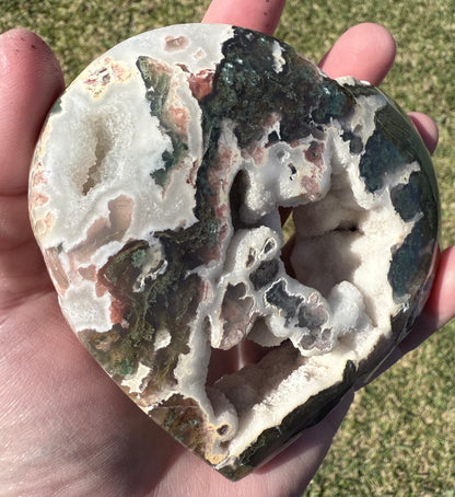 Unique Moss Agate Druzy Heart with Stand