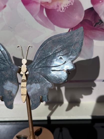 Moss Agate Butterfly On Gold Stand