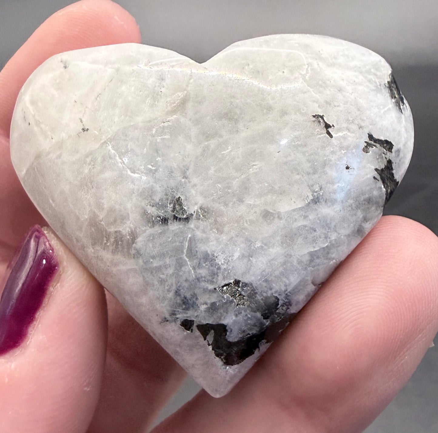 Rainbow Moonstone Heart (White Labradorite) with Black Tourmaline & Silver Mica – 5cm (50–60g)