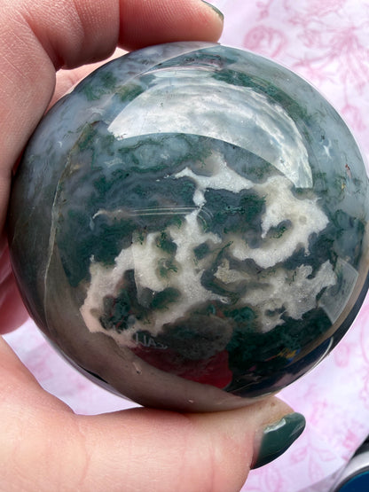 Moss Agate Sphere 7.8cm (658g) | Green & White with Red Inclusion