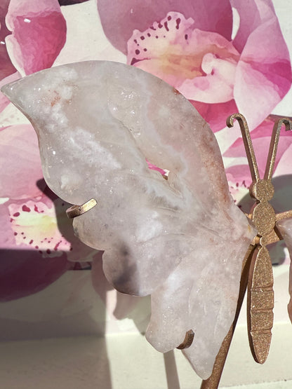 Flower Agate Butterfly on Gold Stand
