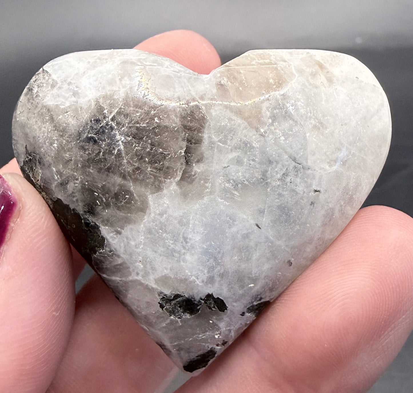 Rainbow Moonstone Heart (White Labradorite) with Black Tourmaline & Silver Mica – 5cm (50–60g)