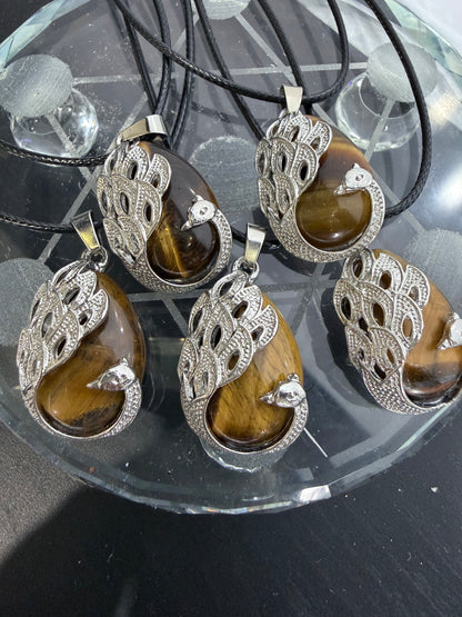 Tiger’s Eye Peacock Pendant Necklace | Natural Tiger’s Eye Crystal | 50cm Cord