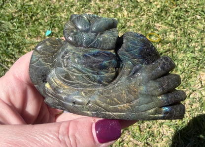 Labradorite Owl Carving – 236g (Gold & Blue Flash)