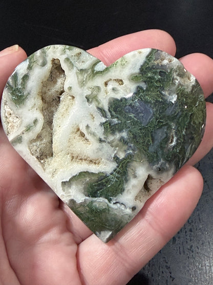 Natural Moss Agate Druzy Heart – Crystal Heart with Druzy Pocket | 6.3 x 5.8 cm | 78g C