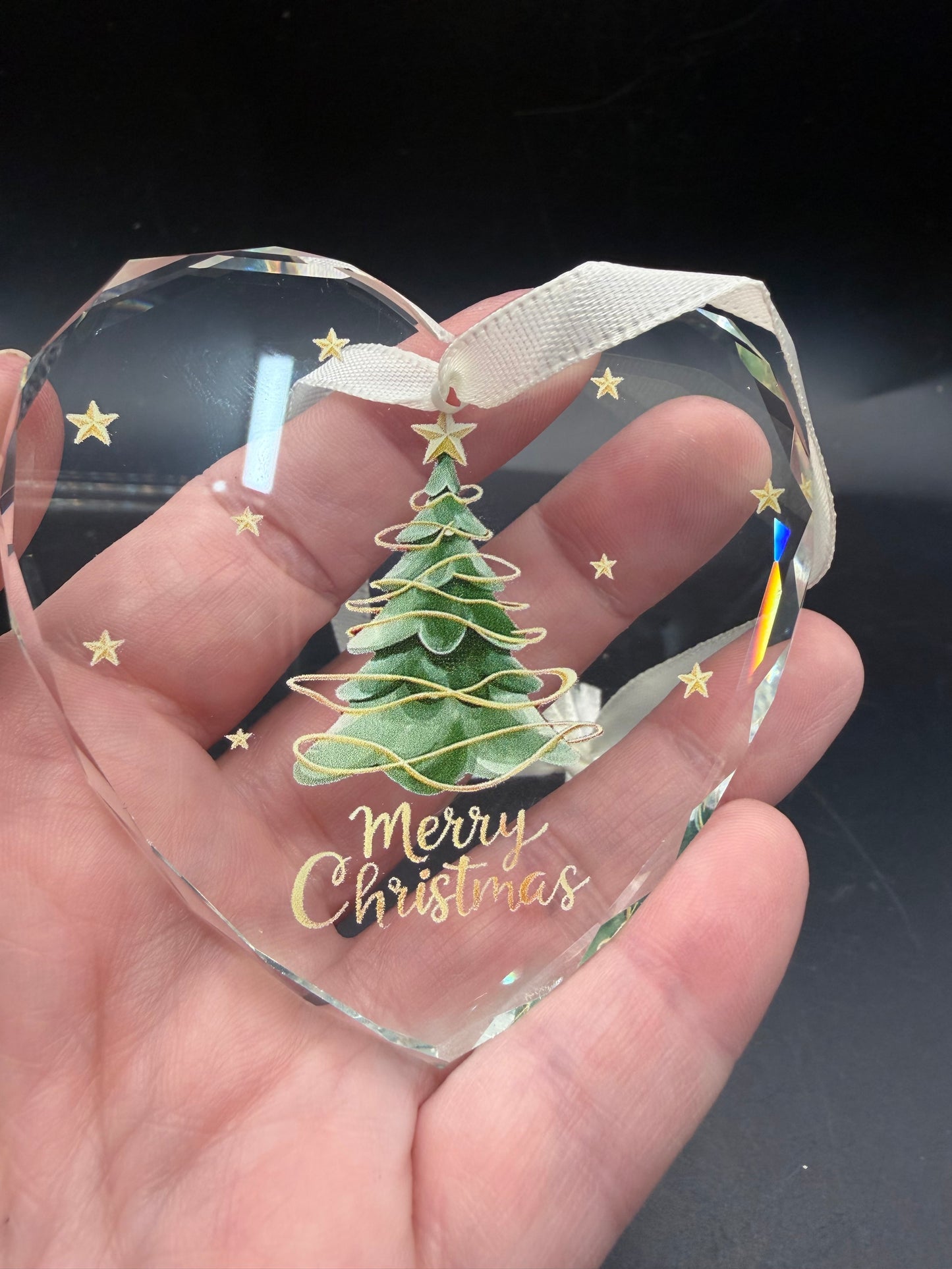 Glass Heart Ornament – Christmas Tree & Gold Stars