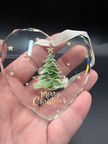 Glass Heart Ornament – Christmas Tree & Gold Stars