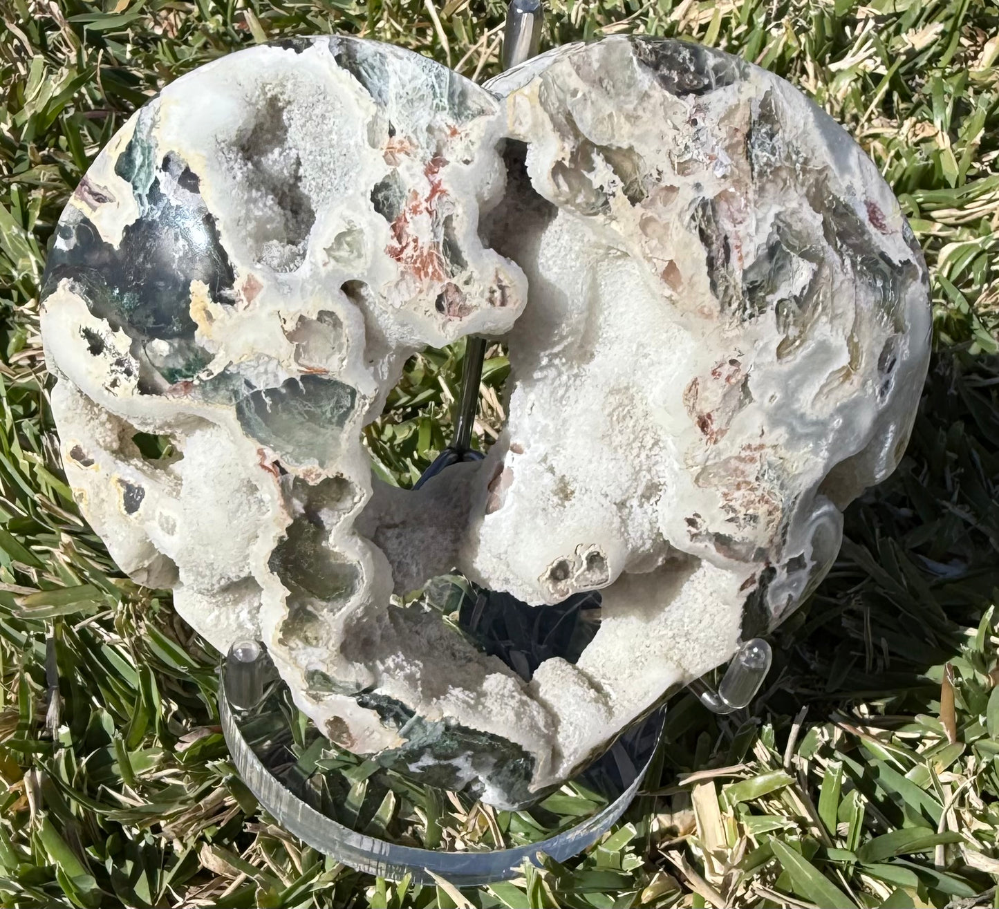 Unique Moss Agate Druzy Heart with Stand