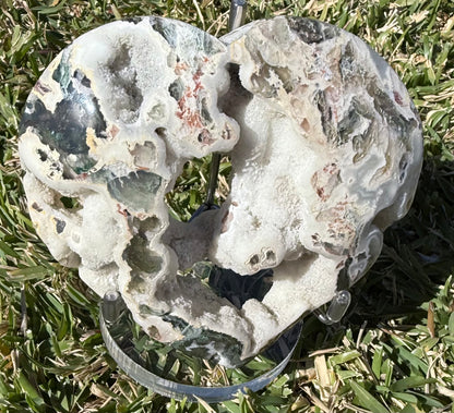 Unique Moss Agate Druzy Heart with Stand