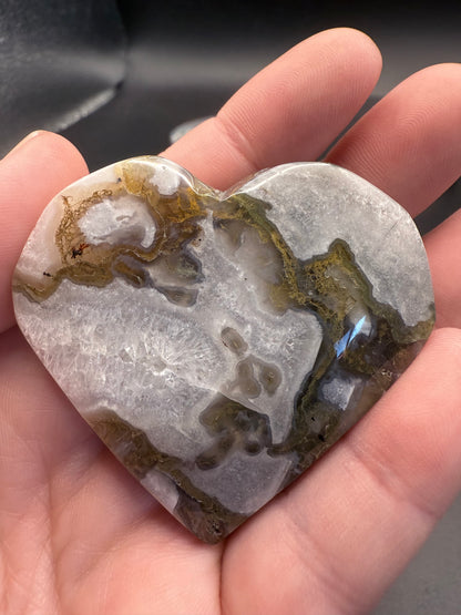 Moss Agate 5cm Free Standing Heart
