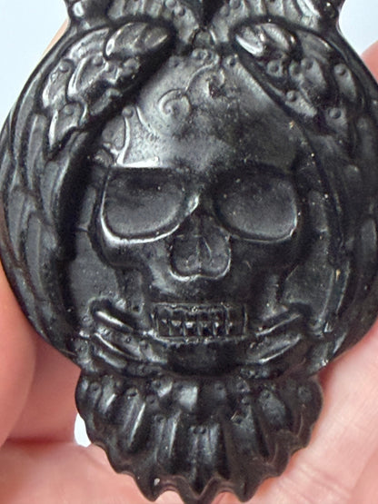 Black Obsidian Owl & Skull Carving with Acrylic Stand – 8cm