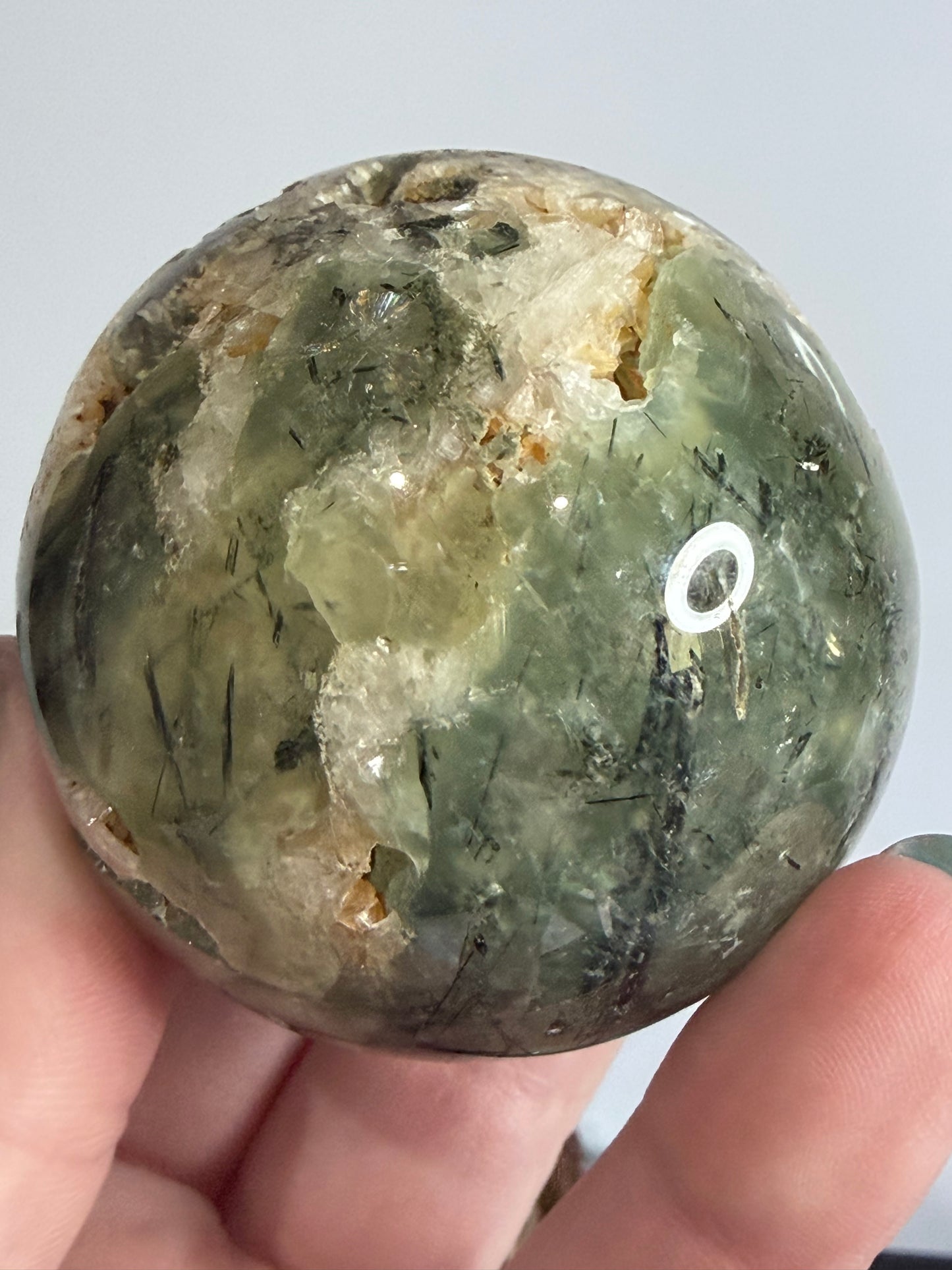 Prehnite with Epidote & Calcite Crystal Cave Sphere C - 5.7cm