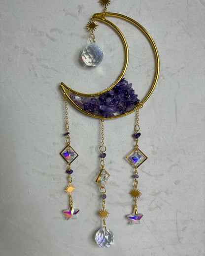 Amethyst Crescent Moon Suncatcher with Rainbow Stars – 35 × 10cm
