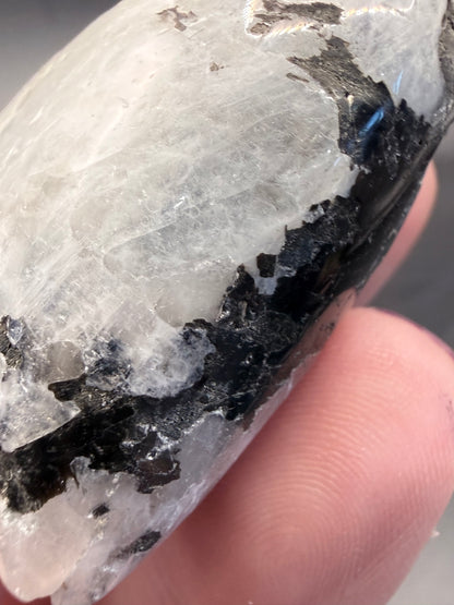 Rainbow Moonstone Heart (White Labradorite) with Black Tourmaline & Silver Mica – 5cm (50–60g)