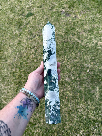 Extra Large Moss Agate Tower with Druzy 35cm 1.4kg