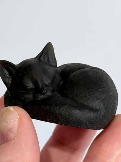 Sleeping Cat Carving 4cm Black Obsidian