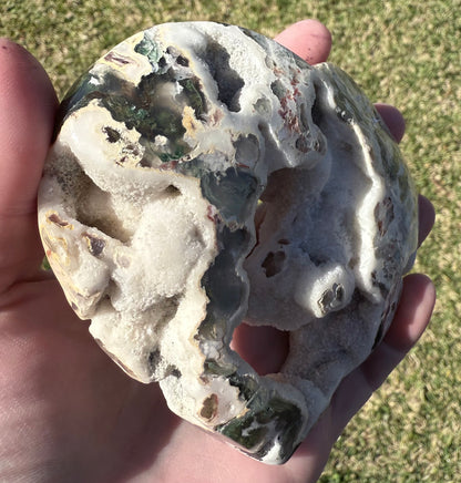 Unique Moss Agate Druzy Heart with Stand