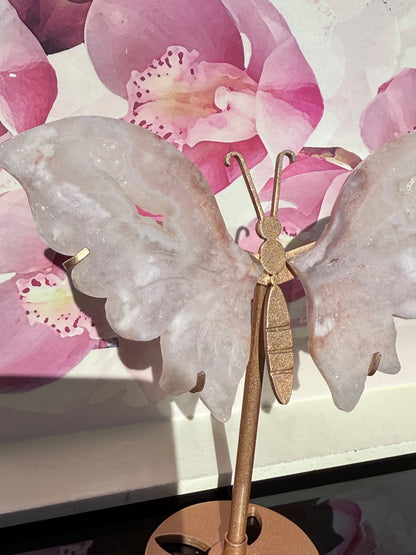 Flower Agate Butterfly on Gold Stand