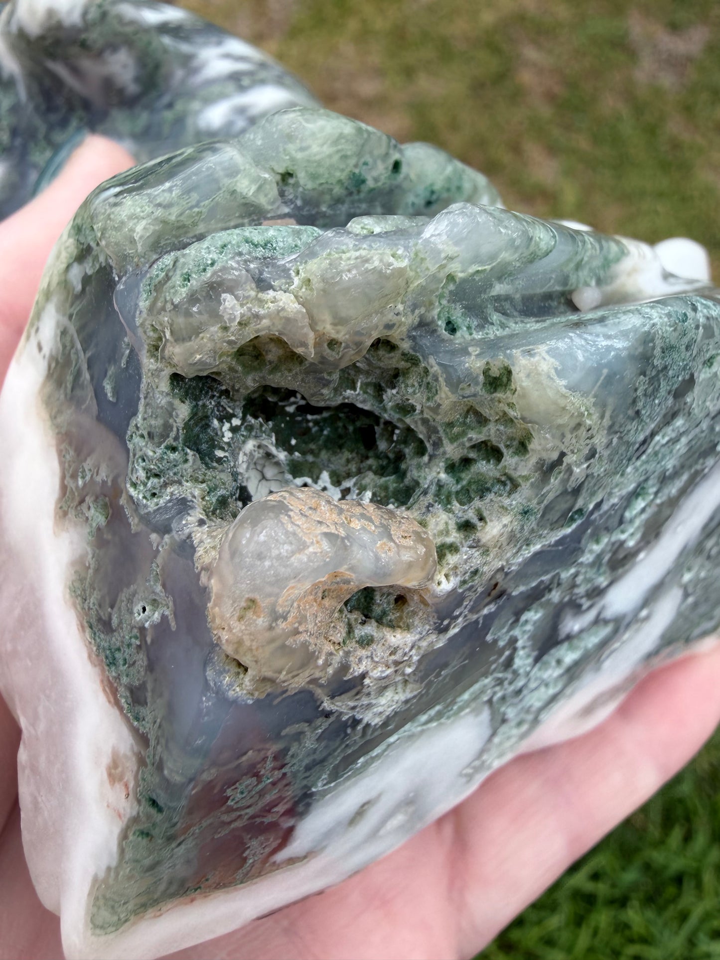 Moss Agate Dolphin Carving — 762g