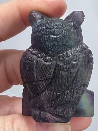 Rare Blue & Pink Rainbow Fluorite Owl Carving – 5.1cm