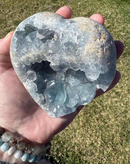 Celestite Heart with Natural Crystal Cavities – 850g