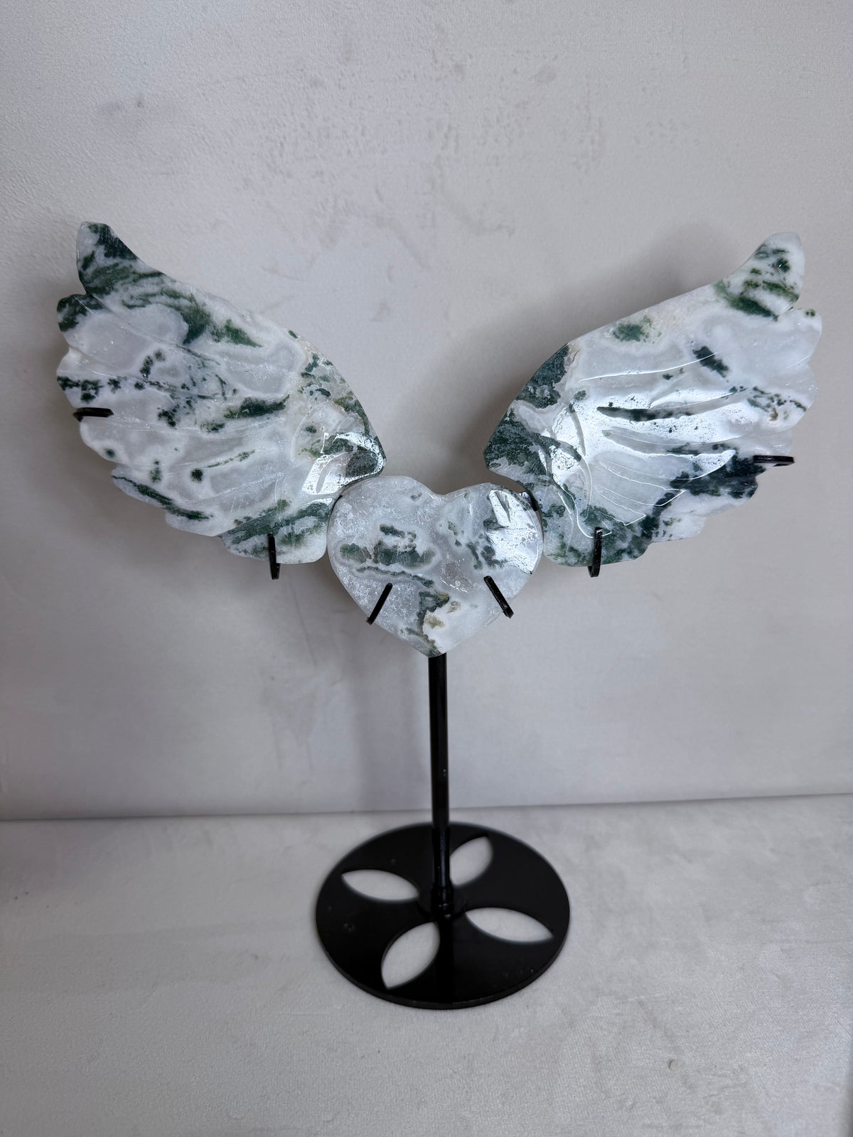 Moss Agate Angel Wings with Heart on Stand – 25cm
