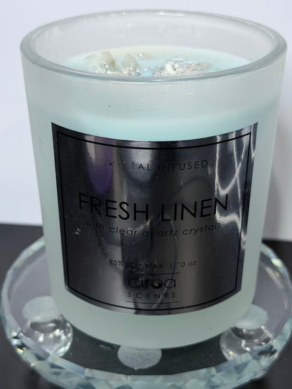 Crystal Infused Fresh Linen Soy Candle with Clear Quartz Crystals | 283g