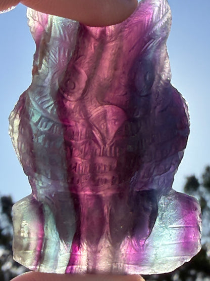 Rare Blue Banding Rainbow Fluorite Owl Carving – 5.1cm