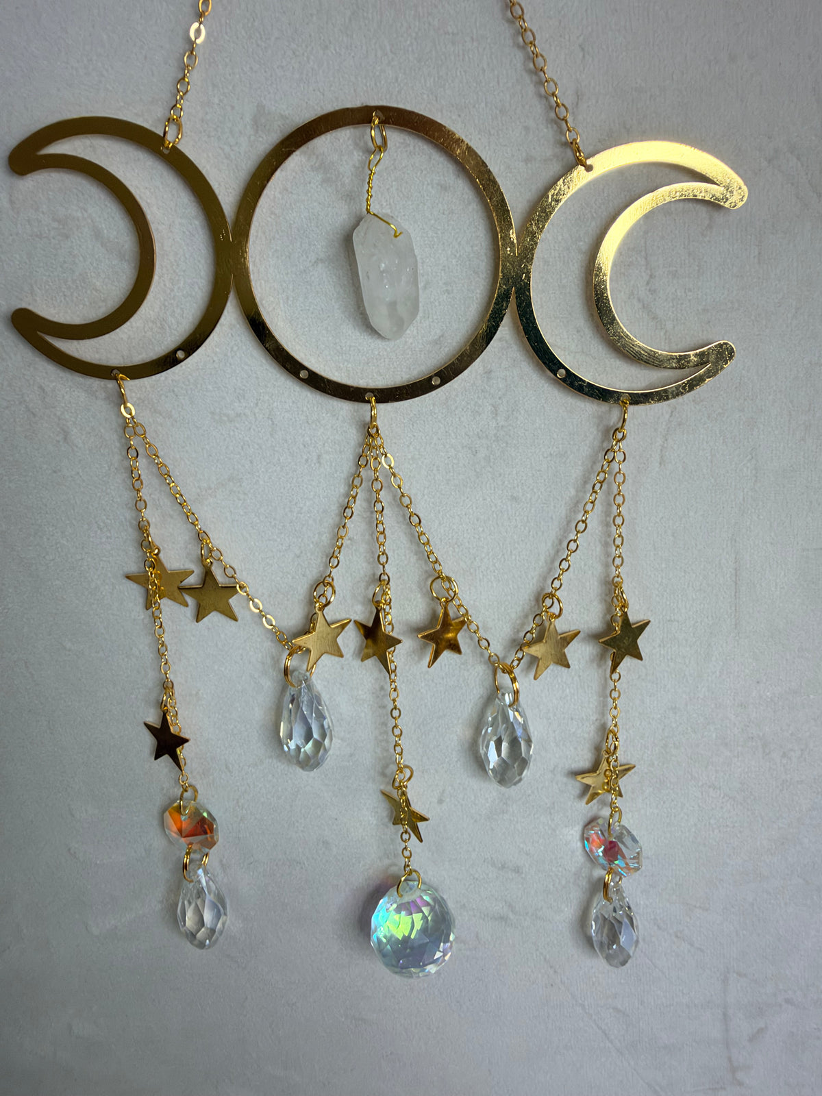 Clear Quartz Triple Moon Suncatcher – 30 × 15cm